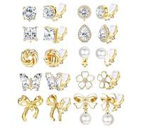 XFSRG 10 Paar Clip Ohrringe Damen und Mädchen Ohrclips ohne Ohrloch Hypoallergen Klipp Ohrringe Set mit Zirkonia Perlen und Blumen Schmetterling Designs Modeschmuck Geschenk (Gold)