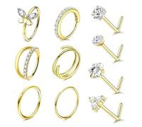 XFSRG 10 Stück Nasenringe 316L 20G Edelstahl Nasenpiercing Set mit Zirkonia 14 Karat vergoldet Hoop Nasenring für Frauen für Alltag Party