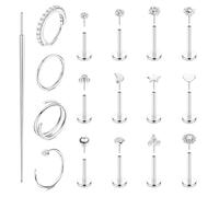 XFSRG 16 Stück 20G Nasenpiercing Set mit Flachbodennadel Edelstahl Hypoallergen Tragus Labret Lippenpiercing Schmuck für Frauen und Männer (Silber)