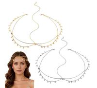 XFSRG 2 Stück Kopfkette Damen Kopfschmuck Gold Silber Kopfschmuck Wahrsagerin Boho Geschichtete Kopfkette Stirnkette Haarreif mit Paillettenanhänger für Hochzeiten Geburtstage Bälle Partys Karneval