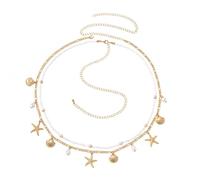 XFSRG 2 Stück Muschel Seestern Taillenkette Damen Bauchkette Strand Hüftkette Bikini Kette Bauchkette Taillenkette mit Muscheln Perlen Seestern Gürtelkette Boho Körperschmuck (Gold 1)