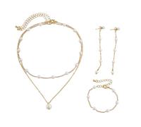 XFSRG 3 Teile Schmuckset Damen Perlenkette Ohrringe Armband Mehrlagige Layering Perlenkette Kunstperlenkette Perlenschmuck Set für Hochzeit Party Alltag