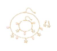 XFSRG 3 Teile Schmuckset Damen Perlenkette Seestern Muschel Halskette Armband Ohrringe Doppellagige Perlenkette Layered Kette Damen Silber Perle Anhänger Strandschmuck (Weiß)