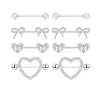 XFSRG 4 Paar 14G Nippelpiercing Chirurgenstahl für Damen Body Piercing Stainless Steel Herz Nipple Barbell Süße Schleife Nippelpiercing Schmuck (Silber)