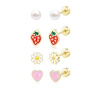 XFSRG 4 Paare Herz Ohrstecker Kinder Ohrringe Set mit Erdbeere Blume Perle Flach Zurück Herz Ohrringe Medizinische Ohrstecker mit Schraubverschluss für Mädchen (Gold)