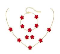 XFSRG 4 Pcs Vierblättriges Kleeblatt Schmuckset Vergoldet Halskette Ohrringe Armband Set Hypoallergenes Zierliche Fünfblättrigem Glücksklee Schmuck Geschenke（Rot）