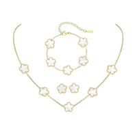 XFSRG 4 Pcs Vierblättriges Kleeblatt Schmuckset Vergoldet Halskette Ohrringe Armband Set Hypoallergenes Zierliche Fünfblättrigem Glücksklee Schmuck Geschenke（Weiß）