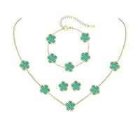 XFSRG 4 Pcs Vierblättriges Kleeblatt Schmuckset Vergoldet Halskette Ohrringe Armband Set Hypoallergenes Zierliche Fünfblättrigem Glücksklee Schmuck Geschenke（GrüN）