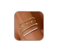 XFSRG 4 Stück Armband Damen 14K Vergoldetes Armband Gold mit 4 mm Perlen Verstellbar Armbänder Schmuck Set 16,5 cm Plus 5 cm Verlängerung