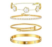 XFSRG 4 Stück Armband Damen Vierblättriges Kleeblatt Verstellbare Glücksarmband mit Cubic Zirkonia Mode Armreif Geschenk für Sie Frauen Freundin Mama(Weiß)