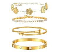 XFSRG 4 Stück Armband Damen Vierblättriges Kleeblatt Verstellbare Glücksarmband mit Cubic Zirkonia Mode Armreif Geschenk für Sie Frauen Freundin Mama(Gold)
