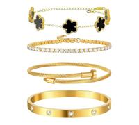 XFSRG 4 Stück Armband Damen Vierblättriges Kleeblatt Verstellbare Glücksarmband mit Cubic Zirkonia Mode Armreif Geschenk für Sie Frauen Freundin Mama(Schwarz)