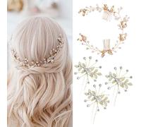 XFSRG 4 Stück Braut Haarkamm U-förmig Braut Haarnadeln Seitlicher Haarkamm mit Kristallperlen und Strass für Frauen und Mädchen (Gold)