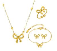 XFSRG 4 Stück Schmuckset Damen Elegante Schleife Halskette Armband Ohrstecker Ring Set Schleife Anhaenger Kette Damen Schmuck Set Geschenk für Frauen Maedchen