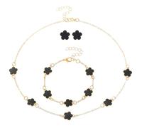XFSRG 4 Stück Vierblättriges Kleeblatt Schmuckset Damen Ohrringe Armbänder Halskette Vergoldet Glückliches Blumenschmuck Fünfblättriges Glücksklee Schmuckset Blumenstil Emaille Schmuck Set(Schwarz)