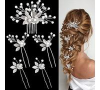 XFSRG 5 Stück Braut Haarkamm Perlen-Rhinestone-Blatt-Kopfband Kristall-Blatt-Haarspangen U-förmig Braut Haarnadeln für Frauen Mädchen (Silber)
