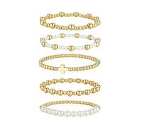 XFSRG 5 Stück Edelstein Armband Damen Tigerauge Perlenarmband Set Gold Elastisch Verstellbar Naturstein Armbänder Mehrschichtig Boho Schmuck Geschenk(Gold-2)
