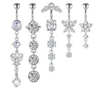 XFSRG 5 Stück Hängendes Bauchnabelpiercing Set Bauchnabelpiercing Ring Silber Lang Belly Piercing mit Zirkonia Wasserfestes 316L Edelstahl Piercing Schmuck
