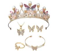 XFSRG 5 Stück Schmetterlingskrone Schmuckset Schmetterling Tiara Krone Prinzessinnendiadem Diademe für Mädchen Mädchenkopfschmuck Krone mit Halskette Ohrringen Armband und Ring (Schmetterling)
