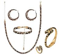 XFSRG 5 Stück Schmucksets Damen Leopardenmuster Ohrringe Ringe Armbänder Halsketten Sexy und Modischer Schmuck