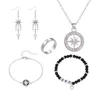 XFSRG 5 Stück SKZ Schmuckset Damen und Mädchen Glamour Achtzackiger Stern Anhänger Halskette Ohrringe Armband und Ring Set Geschenk für Frauen Männer