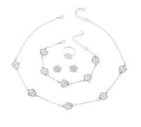 XFSRG 5 Stück Vierblättriges Kleeblatt Schmuckset Damen 18K Vergoldet Glückliches Fünfblättriges Glücksklee Schmuck Set Ohrringe Armbänder Halskette Ring Emaille Blumenstil Party Schmuckset(Silber)