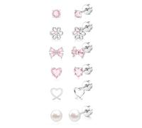 XFSRG 6 Paar Ohrringe Mädchen Silber Hypoallergene Ohrringe Schmetterling Herz Blume Perle Zirkonia Flatback Ohrstecker mit Schraubverschluss für Kinder Mädchen (Set 2)