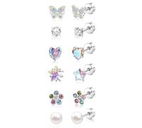 XFSRG 6 Paar Ohrringe Mädchen Silber Hypoallergene Ohrringe Schmetterling Herz Blume Perle Zirkonia Flatback Ohrstecker mit Schraubverschluss für Kinder Mädchen (Set 1)