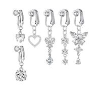 XFSRG 6 Stück Fake Bauchnabelpiercing Clip-On Bauchnabelringe Kupfer Hypoallergene Fake Bauchnabel Piercing Hängend Herz Schmetterling für Frauen (Silber)