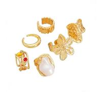 XFSRG 6 Stück Set Klobige Ringe für Damen Vintage Offene Statementringe Stapelbar und Anlaufgeschützt mit Blumen und Perlen Design Ideales Sommerschmuck Geschenk (Gold)
