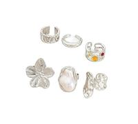 XFSRG 6 Stück Set Klobige Ringe für Damen Vintage Offene Statementringe Stapelbar und Anlaufgeschützt mit Blumen und Perlen Design Ideales Sommerschmuck Geschenk (Silber)