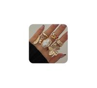 XFSRG 6 Stück Set Klobige Ringe für Damen Vintage Offene Statementringe Stapelbar und Anlaufgeschützt mit Blumen und Perlen Design Ideales Sommerschmuck Geschenk (Gold)