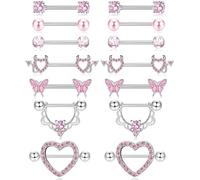 XFSRG 7 Paar 14G Nippelpiercing Set aus Chirurgenstahl Brustwarzenpiercing und Zungenpiercing Rosa Zirkonia Schmetterling Herz Barbell Nipple Piercing für Frauen Mädchen