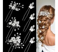 XFSRG 7 Stücke Haarnadeln für Braut Blatt-Design U-förmige Haarspangen Haarschmuck Hochzeit mit Kristall und Perlen für Frauen und Mädchen Hochzeits Accessoires (Silber)
