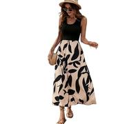 XFSRG Ärmellos Kleid Damen Rundhalsausschnitt Blumen Maxikleid Sommer Rüschen Langes Freizeitkleid Strandkleid(Beige/M)