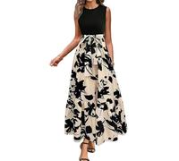 XFSRG Ärmellos Kleid Damen Rundhalsausschnitt Midi A Linie Blumenkleid Knielange Sommer Leichte Kleider Freizeitkleid Strandkleid(Schwarz/XL)