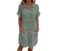 XFSRG Blusenkleid Damen Musselin Leinen Kurzarm Leicht und Luftig Sommer Freizeitkleid mit Taschen Knopfleiste Strandkleid Hemdkleid(Grün/S)