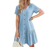XFSRG Blusenkleid Damen V Ausschnitt Musselin Leinen Kurzarm Casual Rüschenumschlag Sommerkleid mit Taschen Knopfleiste Strandkleid(Blau/S)