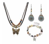 XFSRG Boho Schmuck Set für Damen Vintage Schmuck Schmetterling Halskette Naturstein Armbänder & Ohrringe Mittelalter Schmuck für Damen und Mädchen