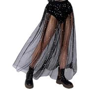 XFSRG Damen Rock Transparenter Mesh Rock 2-in-1 Röcke Pailletten Tüllrock Mit Sternmuster High Waist Maxirock für Party Musikfestivals Karneval (S)