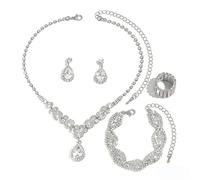 XFSRG Damen Schmuck Set Strassstein Ohrringe Halskette Armband Ring Klassisch 4 Stück Frauen Schmuck mit Cubic Hypoallergene Modeschmuck Geschenke