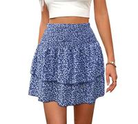 XFSRG Damen Sommer Boho Blumen Rüschen kurz Rock Elastische Hohe Taille Kordelzug Falten Minirock Sommerrock Strand Blumen Rock Geeignet für Sommer und Alltag(L)