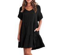 XFSRG Damen Sommer Kleid Kurz Sommerkleid Boho T-Shirt Knielang Rüschen Saum Freizeitkleid Elegant Strandkleid mit Taschen (Schwarz M)
