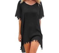 XFSRG Damen Strandkleid, Chiffon Sommer Strandponcho, Badeanzug Bikini Cover-Ups mit Quasten, Boho Strandtunika, Transparent Strandurlaub Badeanzug, Bikini Beachwear (Schwarz)