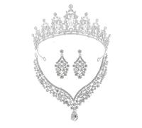 XFSRG Elegantes Braut Schmuckset 3 Teilig mit Funkelnder Krone V Förmiger Halskette und Tropfenförmigen Ohrringen Luxuriöses Hochzeitsschmuck für Besondere Anlässe (Silber)