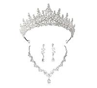 XFSRG Elegantes Braut Schmuckset 3 Teilig mit Funkelnder Krone V Förmiger Halskette und Tropfenförmigen Ohrringen Luxuriöses Hochzeitsschmuck für Besondere Anlässe