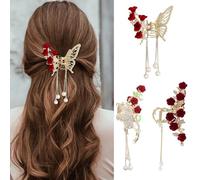 XFSRG Elegantes Roségold Haarspangen Set Damen 3 Stück Romantisches Haarschmuck Set mit Rosen Strass und Quaste Hair Clips Haarklammer Schmetterling