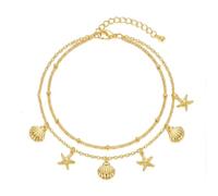 XFSRG Fußkettchen Damen 14K Gold mit Seestern Muschel Doppellagig