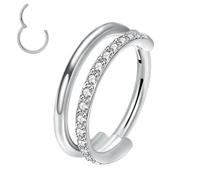 XFSRG G23 Titan Doppelreihen Nasenpiercing Ring und Ohrringe mit Zirkonia Hypoallergen Klappmechanik Silberoptik Vielseitig für Septum und Helix （Silber-1）