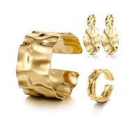 XFSRG Goldfarbenes Schmuck Set 3 Stück Offene Armreife Ring und Oval Ohrringe Unregelmäßige Metallfalten 18K Plattiert Fotoshootings und Elegante Outfits (Gold)